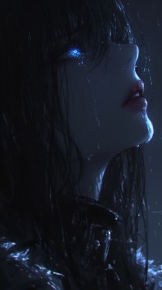 a woman with dark hair and blue eyes stares into the distance while standing in the rain