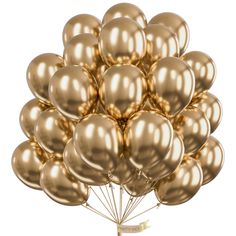 a bunch of gold balloons are in the air