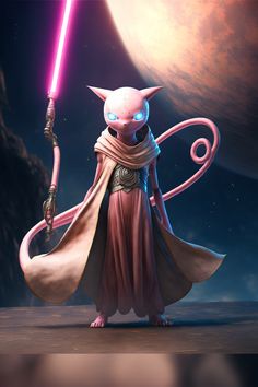 a cartoon character holding a pink light saber