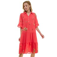 Step into style with this women's Figueroa & Flower flutter sleeve embroidered midi dress.Click on this WOMEN'S GUIDE to find the perfect fit and more! Step into style with this women's Figueroa & Flower flutter sleeve embroidered midi dress. Click on this WOMEN'S GUIDE to find the perfect fit and more! FEATURES Fit & flare silhouette Embroidered gauze construction Tiered hem No closure - pullover styling Flutter sleeves Elbow sleeves Partially lined Collared necklineFIT & SIZING Loose Fitting M Spring Floral Print Embroidered Knee-length Dress, Summer Embroidered Short Sleeve Midi Dress, Summer Embroidered Midi Dress With Short Sleeves, Summer V-neck Midi Dress With Embroidered Hem, Casual Midi Dress With Floral Embroidery For Daywear, Feminine Embroidered Midi Dress For Spring, Feminine Floral Embroidery Midi Dress For Beach, Flowy Floral Embroidered Midi Dress For Brunch, Embroidered Short Sleeve Midi Dress For Vacation