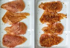 two white trays filled with meat covered in seasoning