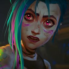 a close up of a person with green hair and pink eyes wearing neon colored makeup