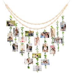 a collage of photos hanging from the side of a string with vines and leaves