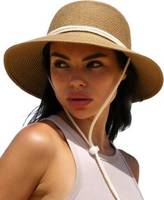 Straw Hook and Loop closure Sun hat: Made of Eco-friendly paper straw,which is breathable and comfortable;Tightly woven for the quality and durability; Strong Anti-uv Function, UPF 50+; Summer hat with Wind Lanyard: Adjustable chin strap cord holds hat in place, even on windy days; It flips up over the top out of the way when you don't need it; Womens Wide Brim Hat: Medium Size Hat Circumference is about 22"-23 1/4", Brim 3.2"; Large Size Hat Circumference is about 23 1/2"-24", Brim 3.2". There Womens Wide Brim Hats, Womens Sun Hat, Wrap Swimsuit, Summer Hats Beach, Hats Summer, Straw Hat Beach, Sun Visor Hat, Wide Brim Hats, Beach Sarong