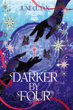 the cover to darker by four, featuring two hands reaching for each other with snowflakes and stars in the background