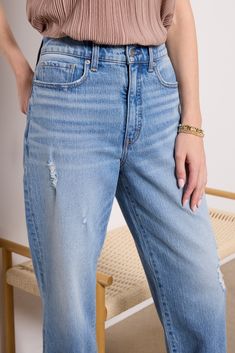 A bowed, tapered leg creates the chic silhouette of these EVEREVE barrel jeans, featuring a high-rise fit, ankle-length hems, and distressed cotton-blend denim for a vintage feel. Pair with a tee and slides during the day, then switch to a blouse and heels for a night-out look. Chic Relaxed Fit Tapered Leg Jeans, Chic Everyday Jeans With Tapered Leg, Chic Tapered Leg Jeans For Everyday, High Rise Tapered Cropped Jeans For Spring, Spring High Rise Tapered Cropped Jeans, Chic Mid-rise Mom Fit Bottoms, Chic High Rise Mom Fit Jeans, Chic Cropped Jeans With Tapered Leg, Chic Tapered Leg Cropped Jeans