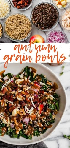 a bowl filled with different types of food and the words, anti - num grain bowls