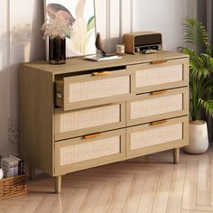 a wooden dresser with drawers and baskets on top