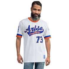 "Welcome to the world of sporty elegance with our All-Over Print Sports Jersey T-Shirt by Arise Creations! Embrace the classic yet modern colorway featuring White, Orange on top of Royal Blue Pinstripes that exude confidence and style. The signature \"Arise Creations\" is elegantly scripted across the mid chest area, adding a touch of sophistication to this dynamic jersey design. Complementing the script, the number 73 graces the lower part of the shirt, infusing it with a sense of individuality and significance. Not only does the back showcase the number 73, but it also completes the harmonious design, reflecting the spirit of unity and team camaraderie. The color scheme takes inspiration from renowned sports teams, evoking memories of the Professional Baseball Team from Queens, New York, Sporty Striped T-shirt For Streetwear, Casual Striped Tops For Baseball Season, Casual Three Stripes T-shirt For Sports Events, Spring Striped Sports Tops, Team-colored Tops With Three Stripes For Baseball Season, Varsity Tops With Three Stripes For Baseball Season, Casual Activewear With Three Stripes For Sports Events, Casual Activewear For Sports Events With Three Stripes, Casual Striped Tops For Sports Events