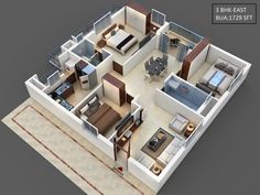 three bedroom apartment floor plan with furniture