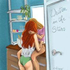 a painting of two women hugging each other in front of a bathroom door with the words written on it