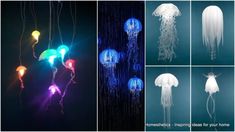 four different types of jellyfish lights hanging from strings