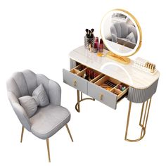 a dressing table with a mirror, chair and makeup tray on it's side