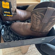 Ariat Work Boots Brand New Never Worn Still Have The Tags Size 9 Fitted Work Boots With Reinforced Round Toe, Fitted Work Boots With Reinforced Toe, Western Style Snip Toe Work Boots, Black Square Toe Boots, Ariat Work Boots, Ariat Cowboy Boots, Western Boots For Men, Ariat Shoes, Swim Shoes