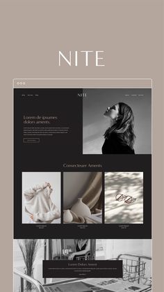 the website design for nite is shown in black and white