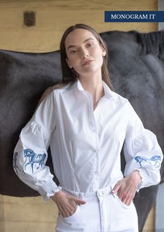 Annie Shirt Embroidered | White & Blue - Rönner White Tops With Embroidered Cuffs For Workwear, Elegant Catering, Modern Equestrian, Horse Embroidery, Summer Sleepwear, Velvet Loafers, White Button Down, Cap Hair, Lantern Sleeves