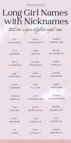 the long girl names with nickannes are in pink and white, against a cloudy sky