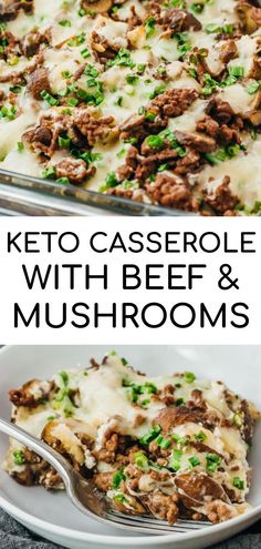 keto casserole with beef and mushrooms in a white dish