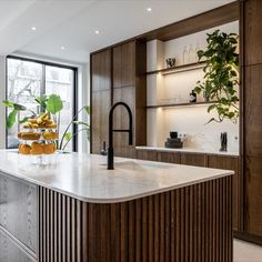 a kitchen with an island and shelves filled with potsted plants on the counter top