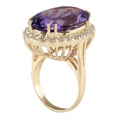 Stamped: 14K Yellow Gold Total Ring Weight: 8.5 Grams Ring Length: N/ARing Width: N/A Gemstone Weight: Total Natural Amethyst Weight is 15.66 Carat (Measures: 20.50x15.30 mm) Color: Purple Diamond Weight: Total Natural Diamond Weight is 1.20 Carat Quantity: 26 Color: F-G, Clarity: VS2-SI1 Face Measures: 24.10x19.80 mm Sku: [702328W] Oval Amethyst Diamond Ring In Yellow Gold, Fine Jewelry Yellow Gold Amethyst Ring With Halo Setting, Fine Yellow Gold Amethyst Ring With Halo Setting, Oval Amethyst Diamond Ring For Formal Events, Oval Amethyst Diamond Ring For Formal Occasions, Formal Oval Amethyst Diamond Ring, Classic Oval Multi-stone Amethyst Ring, Oval Amethyst Ring In Halo Setting Yellow Gold, Oval Amethyst Ring In Yellow Gold With Halo Setting