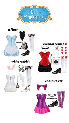 a poster with different types of clothes and shoes on it's sides, including the words alice in wonderland written below