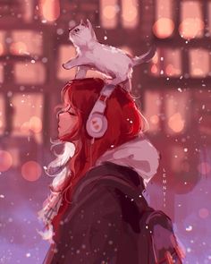 a girl with headphones and a cat on her shoulders looking out at the snow