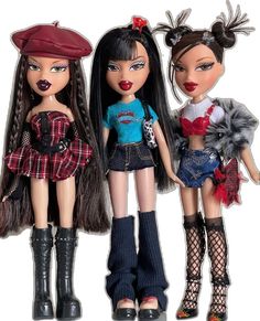 three dolls are standing next to each other on a white background, one is wearing black stockings and the other has red lipstick