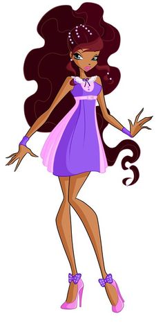 a cartoon girl in a purple dress with long hair and high heeled shoes, holding a question mark