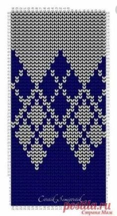 a blue and white knitted pattern with hearts