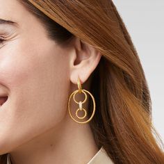 Long length: 2 inches, standard length: 1.65 inches, hoop .7 inches 24K gold plate Julie Vos hallmark Asymmetrical Style, Julie Vos, Twisted Wire, Pop Up Shops, Wire Earrings, Gold Earrings Dangle, 3 In 1, Long Length, Monaco