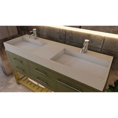 two white sinks sitting on top of a wooden counter