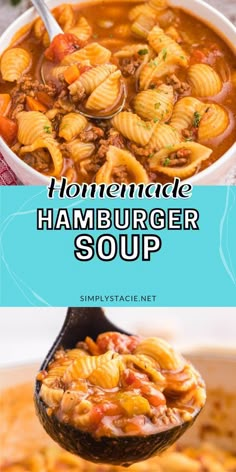 homemade hamburger soup in a white bowl with a ladle full of it and the title overlay reads homemade hamburger soup