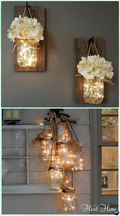 mason jar lights are hanging on the wall with flowers in them and some jars filled with light bulbs