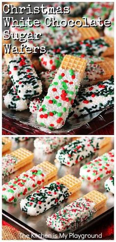 Looking for a fun and easy Christmas treat to make for your holiday festivities?  Give these Christmas White Chocolate-Dipped Sugar Wafers a try!  They're an easy, adorable, kid-friendly, crowd-pleasing festive treat that can even be made last minute if need be.  Adored by both kids and grown-ups alike, a platter of these beauties will disappear in a flash. Sugar Wafers, Xmas Treats, Easy Christmas Treats, Dessert Party, Christmas Candy Recipes, Holiday Snacks, Christmas Food Desserts, Xmas Cookies