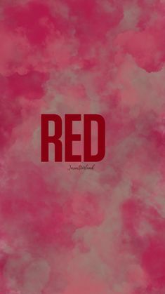 the word red is written on a pink and white background with some clouds in it