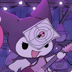 a cartoon character playing an electric guitar in front of a wall with purple lights and decorations