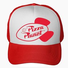 a red and white pizza planet hat with the word pizza planet on it's front