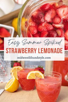 strawberry lemonade in glasses with strawberries and lemons next to it on a table