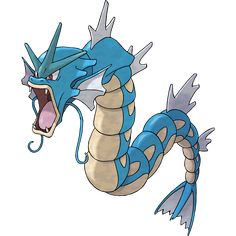 a blue and white dragon with its mouth open