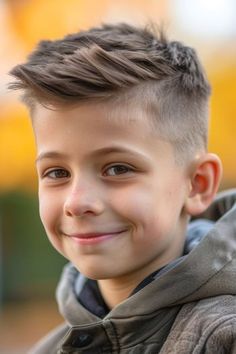 Textured Spiky Cut With Fade Haircut on smiling boy with brown hair on his way to school. Haircuts For School, Boy With Brown Hair, Boys Hairstyle, Childrens Haircuts, Kids Haircut, Feathered Hair Cut