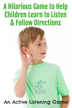 a young boy is listening to his ear with the words, a hilarious game to help children learn to listen and follow directions