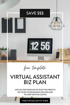 a computer desk with the text free template virtual assistant biz plan