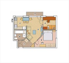 an apartment floor plan with the bedroom and living room separated by two separate rooms,