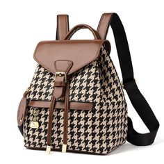 Houndstooth Backpack – Body By J'ne Mom Backpack, Women Backpack Fashion, Simple Backpack, Flap Backpack, Medium Sized Bags, Patterned Backpack, Cheap Handbags, Style Noir