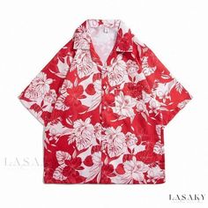 Lasaky - Vintage Floral Print Short Sleeve Shirt with Stylish Design - Retro and Trendy Loose Fit Button-down Vintage Floral Shirt, Hawaiian Fashion, Hawaiian Designs, Tropical Fashion, Blouse Summer, New Flower, Hawaiian Beach, Vintage Short, Spring Fabric