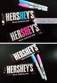 two hershey's baby shower bars with pink and blue pens