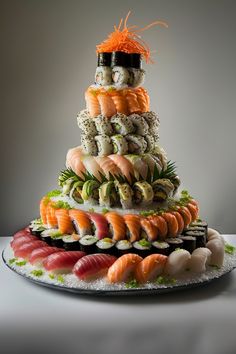 there is a very large tower made out of sushi and other foods on the plate