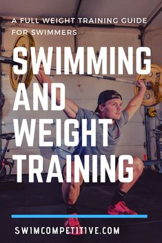 a man squatting with the words swimming and weight training over his left arm in front of him