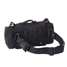 an image of a black bag with straps on the front and shoulder strap attached to it