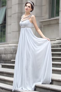 Grecian Goddess Empire Waist Gray Formal Prom Evening Dress | JoJo's Shop Themed Prom Dresses, Grecian Wedding Dress, Greek Dress, Grecian Wedding, Empire Waist Gown, Ancient Dress